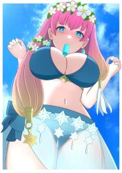 1girls alternate_costume bare_thighs bikini blue_bikini blue_eyes blue_swimsuit breasts cleavage day daytime earrings female female_focus female_only fire_emblem fire_emblem_heroes food from_below gradient_hair gunnthra_(fire_emblem) gunnthra_(summer)_(fire_emblem) ice_cream large_breasts light-skinned light-skinned_female looking_at_viewer looking_down looking_down_at_viewer mgnk33 mouth_hold multicolored_hair navel nintendo official_alternate_costume pink_hair popsicle sarong see-through sky solo solo_female swimsuit thick_thighs thighs very_long_hair