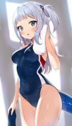 blue_eyes blushing blushing_at_viewer blushing_female gawr_gura hololive hololive_english hololive_myth looking_at_viewer mouth_open one-piece_swimsuit pn_(wnsl216) shark_girl softcore swimsuit thighs_together towel virtual_youtuber wet wet_body wet_clothes