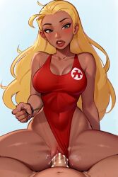 1boy 1girls ai_generated blonde_female blonde_hair cowgirl_position creampie cum_in_pussy cum_inside disney green_eyes hawaiian lifeguard lifeguard_(lilo_and_stitch) lilo_and_stitch long_hair mouth_open one-piece_swimsuit penetration red_swimsuit shizmaboof straight straight_hair straight_sex swimsuit swimsuit_aside tan_skin teeth_showing thick_thighs unseen_male_face vaginal_penetration white_background