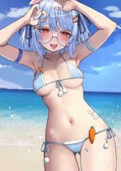 absurdres animal_ears beach bespectacled bikini blue_bikini blue_hair blue_nails blush braid breasts carrot_hair_ornament choker cleavage cloud collarbone female food-themed_hair_ornament frilled_bikini frills glasses grey-framed_eyewear hair_ornament highres hololive hololive_fantasy hololive_japan kkato looking_at_viewer medium_breasts micro_bikini multicolored_hair navel open_mouth outdoors rabbit_ears rabbit_girl round_eyewear round_glasses short_hair short_twintails side-tie_bikini_bottom sky solo streaked_hair swimsuit teeth thick_eyebrows tongue tongue_out twintails two-tone_hair upper_teeth_only usada_pekora virtual_youtuber white_choker white_hair