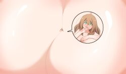 blush breast_expansion breast_rest breasts_bigger_than_body breasts_out_of_frame brown_hair colossal_breasts hand_on_mouth hyper_breasts kaz_(shade) multiple_views self_lying sequence shocked_expression