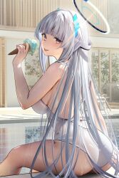 1girl 1girls big_ass blue_and_white_halo blue_archive ice_cream looking_at_viewer millennium_science_school_student nanaken_nana noa_(blue_archive) one-piece_swimsuit rear_view seductive seductive_look seminar_(blue_archive) swimsuit teasing tongue_out