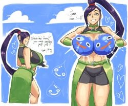 1girls auroch_nsfw breast_squeeze clothing dragon_quest dragon_quest_xi english_text huge_breasts jade_(dq11) kunoichi large_breasts ninja_girl ponytail shorts solo