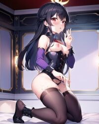 ai_generated bedroom black_hair breast_exposed bridal_gauntlets cecil_von_gielen chained cum_on_face hentai high_resolution highres huge_ass looking_at_viewer nai_diffusion red_eyes seshiru_von_gielen skyrimgamer17 small_breasts space_pirate_sara stable_diffusion thighhighs