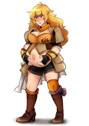 1girls big_breasts blonde_hair blush female fingerless_gloves holding_belly loppini pregnant purple_eyes rooster_teeth rwby thick_thighs yang_xiao_long