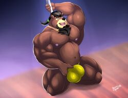 2023 anthro artist_name bear beard black_hair blitztaison brown_bear brown_body brown_eyes brown_fur bulge chest_tuft clothing deltoids facial_hair fur hair hand_behind_head hi_res kneeling male male_only mammal musclegut navel nipples on_stage pecs pole ponytail sarge_(braford) sitting solo stripper stripper_pole thong triceps tuft underwear ursine watermark yellow_clothing yellow_thong yellow_underwear