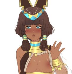 1girls blue_eyes blunt_bangs blush bob_cut breasts cryptid_crab cygames dark-skinned_female dragalia_lost egyptian female_only hair_ornament nefaria nintendo nipple_slip