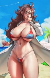 1girls android_21 android_21_(human) bikini blue_eyes breasts dragon_ball dragon_ball_fighterz eating eu03 female food glasses hips huge_breasts light-skinned_female light_skin long_hair outdoors red_hair skindentation solo thick_thighs thighs vomi_(dragon_ball) wide_hips