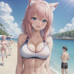 abs ai_generated animal_ears beach bikini blue_eyes blush fit_female hi_res hoshino_akane medium_breasts original_character pink_hair short_hair sports_bra sweat sweaty tagme tired user_lovespike