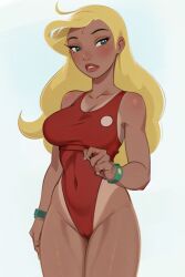 1girls ai_generated blonde_female blonde_hair cameltoe disney female female_only green_eyes green_eyes_female hand_on_side hand_on_thigh hawaiian lifeguard lifeguard_(lilo_and_stitch) lilo_and_stitch long_hair one-piece_swimsuit red_swimsuit shizmaboof solo_female straight_hair swimsuit tan_skin