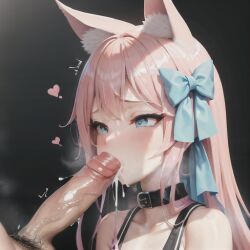 ai_generated animal_ears blowjob blue_eyes blue_ribbon blush collar cumshot cumshot_in_mouth dripping_cum heart hi_res original_character pink_hair steamy_breath user_lovespike wet_penis