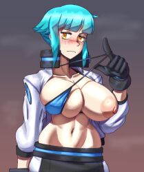 1girls big_breasts blue_hair blush gloves looking_at_viewer nonosamu one_breast_out open_shirt original original_character partially_clothed presenting robin_(nonosamu) short_hair solo standing topless yellow_eyes