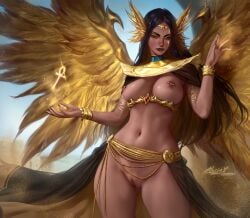 1girls breasts character_request copyright_request dark_skin egyptian golden_wing lerapi naked naked_female nipple_piercing nipples nude nude_female original original_character piercing ramah wings