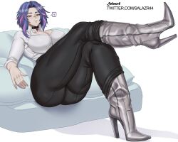 1girls big_ass big_breasts boots bottomless breasts clothed clothing female female_only high_heel_boots human kaina_tsutsumi lady_nagant large_breasts leather leather_boots light_skin milf my_hero_academia older_female on_side pale_skin pants partially_clothed purple_hair salazr4 short_hair solo thick_thighs thighs tight_pants tsutsumi_kaina