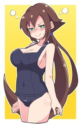 aile angry bubbles buzzlyears cleavage embarrassed fake_smile large_breasts mega_man mega_man_zx_advent nose_blush one-piece_swimsuit sideboob