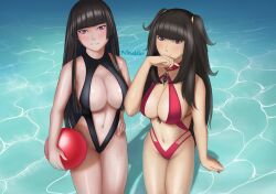 2girls alternate_costume ball beach_ball bikini black_hair black_nails black_one-piece_swimsuit black_swimsuit breasts center_opening cleavage crossover dead_or_alive dead_or_alive_5 female female_only fire_emblem fire_emblem_awakening from_above grin large_breasts long_hair looking_at_viewer looking_up multiple_girls nail_polish navel nintendo nyotengu ocean one-piece_swimsuit outdoors purple_eyes pvtnuddles red_bikini red_swimsuit revealing_clothes revision smile swimsuit tharja_(fire_emblem) very_long_hair