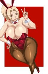 1girls alternative_costume animal_ears bare_shoulders blonde_hair border bow bowtie breasts brown_eyes bunny_ears bunnysuit cleavage clothing covered_navel curvaceous detached_collar facial_mark fake_animal_ears female female_only footwear forehead_mark hand_on_hip high_heels high_resolution highleg highleg_leotard huge_breasts large_breasts leotard light-skinned_female light_skin lips lipstick long_hair looking_at_viewer makeup mature mature_female nail_polish naruto naruto_(series) naruto_shippuden pantyhose pinkpawg playboy_bunny ponytail red_background red_footwear red_leotard red_nails shoes simple_background smile solo strapless tail thick_thighs thighs tied_hair tsunade v very_high_resolution white_border wide_hips wrist_cuffs