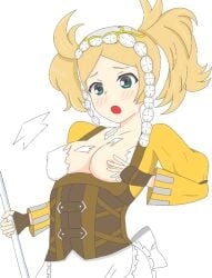 1girls aqua_eyes blonde_hair breasts breasts_out exposed_breasts female female_only fingerless_gloves fire_emblem fire_emblem_awakening gloves green_eyes lissa_(fire_emblem) medium_breasts nintendo open_mouth shocked solo staff torn_clothes twintails wardrobe_malfunction yoshio_hentai