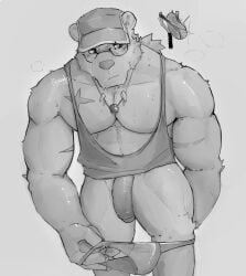 absurd_res anthro bear biped blissade claws eyewear fingers foreskin fur genitals glans glasses hi_res humanoid_genitalia humanoid_penis male male_only mammal monochrome muscular muscular_anthro muscular_male pecs penis scar solo