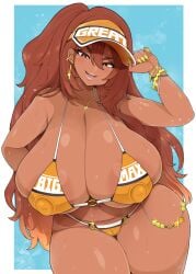 2023 areola_slip bikini bracelet breasts brown_eyes brown_hair cameltoe cleavage clothes_writing covered_nipples curly_hair curvy dark-skinned_female dark_areolae dark_skin earrings english_text female fingernails ganguro gyaru huge_breasts jewelry large_breasts lipstick long_fingernails long_hair looking_at_viewer makeup micro_bikini necklace nipples o-ring o-ring_bikini o-ring_bottom o-ring_top orange_bikini original otogi_tetsurou pink_lips puffy_nipples seductive_smile simple_background skindentation smile solo summer sweat swimsuit thick_eyebrows thick_thighs thighs visor_cap