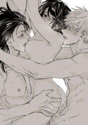 1girls 2boys ass_grab breast_lick completely_nude condom_on_penis double_penetration female female_penetrated fluids hands_on_ass jujutsu_kaisen licking_nipples male/female male/female/male male_penetrating nude open_mouth sandwich_position sandwiched satoru_gojo sex shoko_ieiri sucking_nipples suguru_geto threesome vaginal_penetration