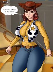 1girls big_ass big_boobs big_breasts brown_eyes brown_hair caosenriqueart cowboy_hat english_text female genderbend genderswap genderswap_(mtf) rule_63 sheriff solo speech_bubble toy_story woody_pride