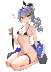 :o bottom_heavy eyewear_on_head female_only goggles_on_head heart honkai:_star_rail micro_bikini pants_off pear-shaped_figure pear_shaped pear_shaped_female playful silver_wolf_(honkai:_star_rail) simple_background small_breasts solo sunglasses_on_head thick_thighs white_background wide_hips yonacia