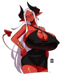 1girls absurd_res aqua_eyes black_sclera breasts cleavage demon demon_girl demon_horns demon_tail dress earrings erect_nipples erect_nipples_under_clothes female female_only horns huge_breasts long_hair looking_at_viewer lyla_(thehelmetguy) nipple_bulge nipples o-ring o-ring_dress pointy_ears red_skin sideboob smiling smiling_at_viewer solo tail thehelmetguy top_heavy white_background white_hair