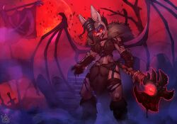 1girls anthro armor atryl axe bat blood bodily_fluids clothing demon female female_only gore mammal red_eyes senka_stargazer solo tongue viking wings