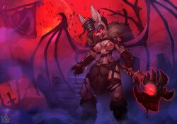 anthro armor atryl axe bat blood bodily_fluids bodypaint breasts clothing demon exposed_breasts fangs female gore mammal nipples senka_stargazer solo teeth tongue wings