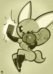 aggressive_retsuko aggretsuko anthro armwear canid canine cellphone clothing disembodied_penis duo elbow_gloves female fennec fenneko footwear fox genitals gloves handwear hi_res human knee_highs knee_socks legwear male male/female mammal mostly_nude nuzzling penis penis_nuzzling phone roger_bacon sanrio selfie socks