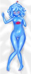 angel_sword_studios blue_body blue_hair dakimakura dakimakura_design dakimakura_pose embarrassed indie_virtual_youtuber leaflit petite red_eyes shy slime_girl small_breasts virtual_youtuber wide_hips