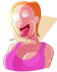 1girls big_breasts breasts ceegee cleavage eyebrows female female_focus female_only large_breasts light-skinned_female light_skin looking_at_viewer open_mouth orange_eyes_female orange_hair ponytail rick_and_morty solo solo_female solo_focus summer_smith tongue tongue_out watermark