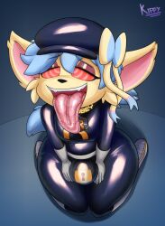 artist_name big_bulge black_nose blue_hair bodily_fluids bulge cheek_tuft clothed clothing drone dronification eeveelution facial_tuft fur generation_6_pokemon hair hi_res kiffy_(artist) kneeling latex male nintendo open_mouth open_smile pink_inner_ear pokemon pokemon_(species) red_eyes saliva saliva_on_tongue shooty short_hair smile solo spiral_eyes sylveon teeth teeth_showing tongue tongue_out tuft watermark yellow_body yellow_ears yellow_fur