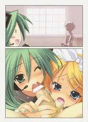 fellatio hatsune_miku himukai_kyousuke kagamine_rin oral penis screening studio_himawari vocaloid wince