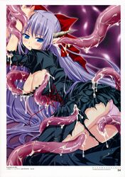 blue_eyes cleavage cum demon_girl devil dress horns japanese_text lolita_fashion ma_ga_ochiru_yoru monster_girl official_art oshaban page_54 page_number panties sasahiro sheliss_elleness_zurbach tentacle the_night_when_evil_falls torn_clothes very_long_hair