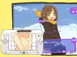 bag breasts brown_hair fake_screenshot female flat_chest gaming mota nintendo nipples open_mouth original scarf short_hair sketch solo translation_request wii wii_u x-ray_vision yellow_eyes