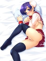 bed censored clothing himeyuri_sango ishii_akira medium_breasts no_panties nopan open_clothes open_shirt shirt skirt stockings thighhighs to_heart_(series) to_heart_2 vagina wet