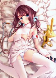 aoi_kumiko armband bed black_hair blue_eyes cameltoe high_res lying microscope nurse panties pettanko pillow stethoscope thighhighs tied_hair twintails uniform upskirt wrist_cuffs