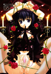 arms_up black_legwear bondage bound_arms bound_legs breasts candle candlestick copyright_request egg_vibrator fishnets flower gothic_lolita highres lolita_fashion mouth_hold nipples no_bra oppai panties purple_eyes purple_hair pussy_juice pussy_juice_drip pussy_juice_trail rose see-through sheer spread_legs thighhighs underwear vibrator vibrator_under_clothes vibrator_under_panties vines wet_panties white_panties yan-yam