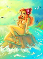 beach blue_eyes breasts evanight female hair_flower link's_awakening marin necklace nintendo nude ocean orange_hair sandals seagull singing the_legend_of_zelda