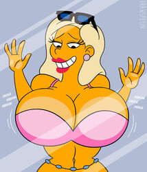 20th_century_fox 20th_century_studios against_glass background_character belly_button big_breasts blonde_hair bouncing_breasts breast_press breasts breasts_against_glass breasts_against_screen breasts_on_glass drawsputin earrings female female_only fictional_character glass hand_on_glass huge_breasts jiggling large_ass large_breasts lipstick looking_at_viewer looking_down looking_pleasured naughty_face navel pink_tank_top sunglasses sunglasses_on_head the_simpsons titania titania_(the_simpsons) voluptuous yellow_skin