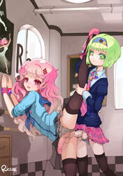 anal anal_sex androgynous artist_name balls blonde_hair blush clothed_sex clothing crossdressing english femboy flat_chested girly green_eyes green_hair hair_ornament headband leg_lift leg_up long_hair looking_at_viewer male multiple_boys original panties partially_clothed penetration penis red_hair riccae scrotum short_hair skirt smile stockings testicles thigh_highs thighhighs trap trap_on_trap underwear yaoi