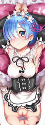 2girls ass blue_eyes blue_hair blush breasts censored chunyan close-up detached_sleeves dress female hair_ornament hair_over_one_eye headdress highres looking_at_viewer lying maid medium_breasts multiple_girls no_panties on_back pussy pussy_juice re:zero_kara_hajimeru_isekai_seikatsu rem_(re:zero) shiny shiny_skin short_hair spread_legs thighhighs white_legwear white_thighhighs x_hair_ornament