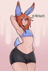 animal_ears blush bulge clothing dialogue femboy girly looking_at_viewer male_focus male_only orange_hair original oro97 oro_(oro97) penis red_eyes thick_thighs topwear