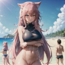 abs ai_generated animal_ears beach big_breasts black_topwear blue_eyes blush bottomless crossed_arms exposed_pussy fit_female hoshino_hikari long_hair lowres original_character pink_hair pink_pussy public sweaty tagme user_lovespike wet