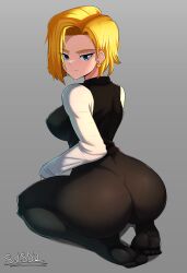 1girls android_18 ass ass_focus big_ass big_breasts blonde_hair blue_eyes bottomwear breasts bubble_ass bubble_butt clothing dat_ass dragon_ball ear_piercing earrings feet female female_only hair huge_ass looking_back sol-sama_d2 solo solo_female topwear