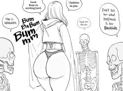1girls alice_the_necromancer_(baalbuddy) ass ass_expansion ass_focus back_view bb_(baalbuddy) big_ass edit english_text exposed_ass exposed_panties monochrome multiple_boys necromancer no_pants ogling peeping pervert robes skeleton skeletons speech_bubble staring text thin_waist thong unaware
