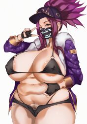 absurdres akali areola_slip asymmetrical_legwear baseball_cap belly_grab bikini black_gloves breasts cleavage commission cropped_jacket curvy fat female female_pubic_hair fingerless_gloves gloves gold_trim hair_through_headwear harstfazn hat highleg highleg_panties highres jacket k/da_akali k/da_series league_of_legends mask micro_bikini midriff mouth_mask navel nipple_slip nipples panties pants pixiv_commission plump ponytail print_mask pubic_hair purple_hair purple_jacket shade short_shorts shorts solo swimsuit tight_clothes tight_pants underwear v