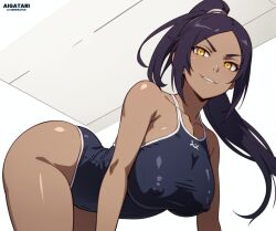 ai_generated aigatari ass bleach dark-skinned_female glowing_eyes high_ponytail large_breasts one-piece_swimsuit ponytail shihouin_yoruichi smile smirk swimsuit yellow_eyes